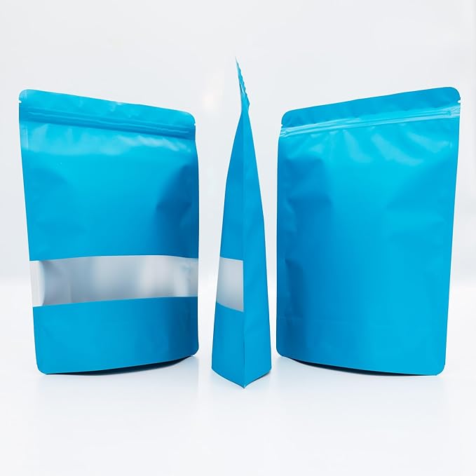 4CP 100 Pcs Blue Zipper Smell Proof Bags with Window, 6.3x9.5 Inch Stand Up Foil Pouches for Food Selfsealing Storage, Reusable Bag for Packaging Small Business, Cookies, Nunt, Candy