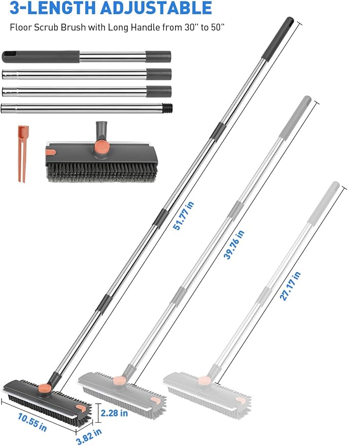 Floor Scrub Brush with Long Handle,3 in 1 Multi-Angle Heavy Duty Stiff Bristle Scrubber with Squeegee and Tweezer,Shower Brush for Cleaning Shower Bathroom,Patio,Garage, Kitchen,Deck and Wall