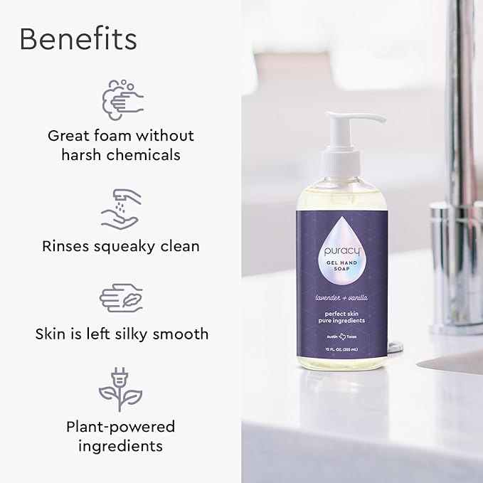 Puracy Organic Hand Soap, For the Professional Hand Washers We've All Become, Moisturizing Natural Gel Hand Wash Soap, Liquid Hand Soap Refills for Soft Skin (12 fl.oz, Lavender & Vanilla) 1-Pack