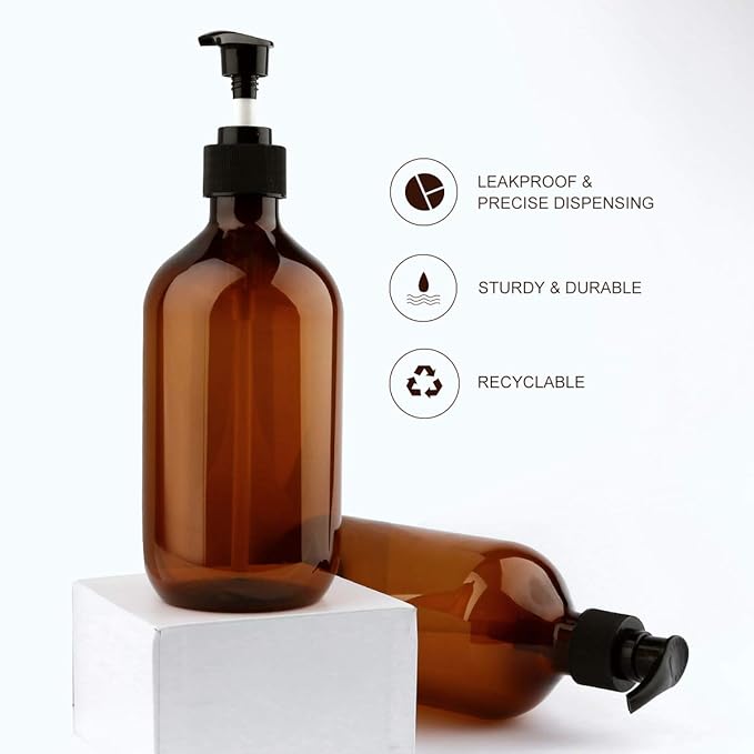 Yebeauty Empty Pump Bottle Dispenser, 17oz/500ml Lotion Soap Shampoo Pump Bottles Large Brown Bottle with Pump Plastic Refillable Containers Pack of 2