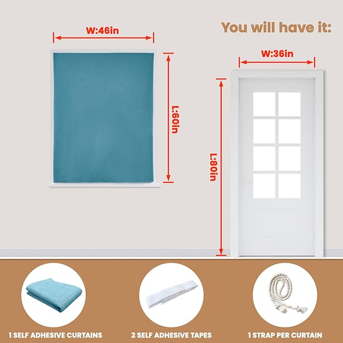100% Blackout Curtain,Adhesive Curtain,Black Out Window Cover No Drilling Travel Kit,Perfect for Media Rooms, Dormitories and Renters (Stone Blue - W46 × L60 in)