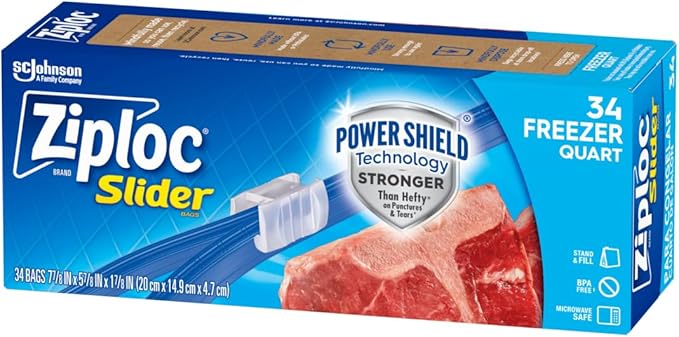 Ziploc Food Storage Quart Freezer Slider Bags, Power Shield Technology for More Durability, 34 count