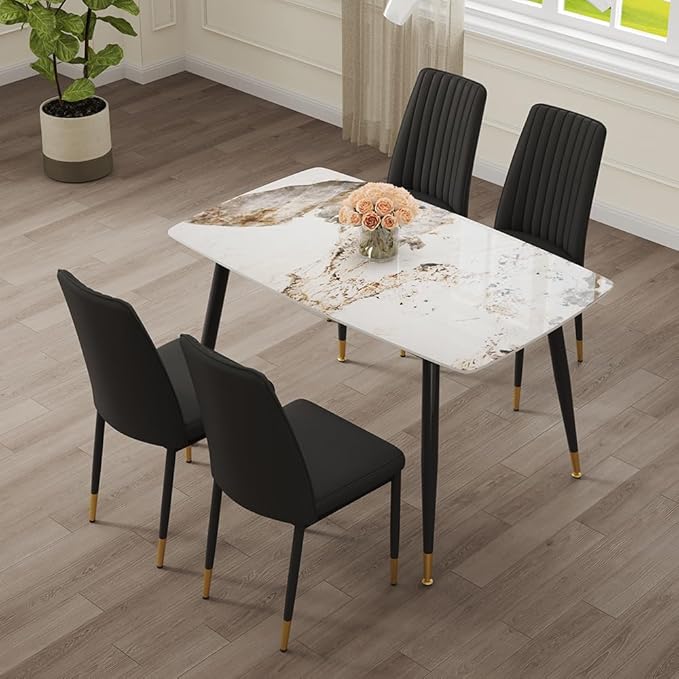 5 Pieces Modern Sintered Stone Dining Table Set 50" Rectangular Faux Marble Tabletop Kitchen Table with 4 PU Leather Chair Dinette Set(1Faux Marble Table+4Black Chairs)