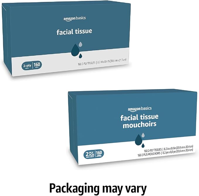 Amazon Basics Facial Tissue, 2-Ply, 160 Tissues per Box, 4 Boxes (640 total) (Previously Solimo)