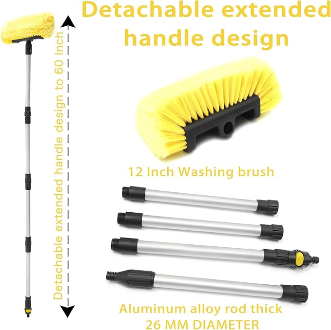 Forgrace 60 Inch Car Wash Brush with Long Handle 12" Soft Bristle Head Flow-Through Heavy Duty Tri-Level Dip Auto Car Exterior Washing Yellow