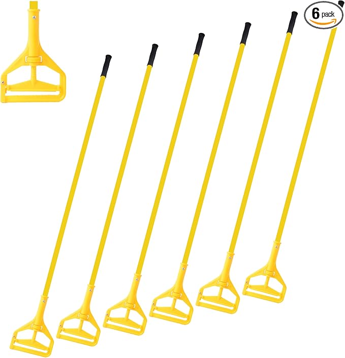 Matthew Heavy Duty Side Gate Mop Handle 60 inch Fiberglass Mop Stick,Commercial Mop Head Replacement Holder for Floor Cleaning,Side Release Mop Handle Quick Change for Wet Mop Handle - 6Pack Yellow