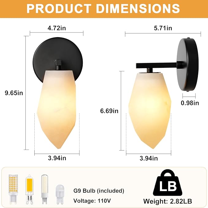 Alabaster Wall Sconce, Spanish Marble Wall Light, Modern Wall Sconce for Bathroom, Hardwired Wall Lighting for Living Room, Wall Lamp for Bedroom Hallway Stairs, Black