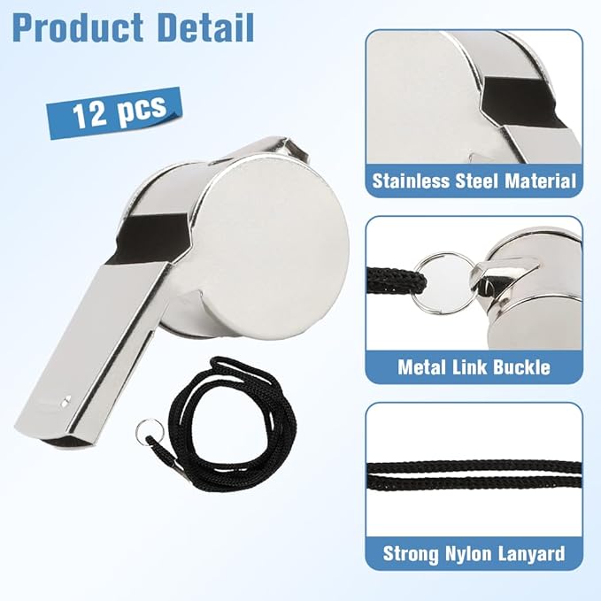 Whistle, 12 PCS Whistle for Coaches Stainless Steel Whistles with Lanyard Referee Whistle Emergency Coach Whistles Teacher Whistle Loud Crisp Sound Whistle for Adults Teachers Sports Pet Training
