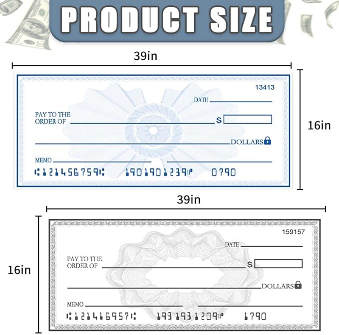 Big Check Giant Check 40x16 Inch Dual-Color Dry Erase Award Chcek | Blue & Black Reusable Ceremonial Plaque for Fundraising & Milestones | Waterproof Laminated Paper