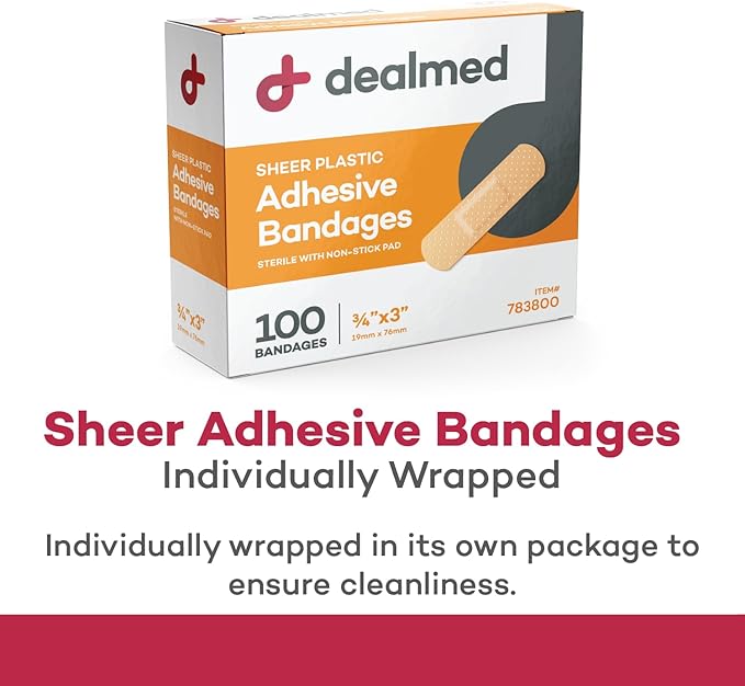 Dealmed Sheer Plastic Flexible Adhesive Bandages – 100 Count (3 Pack) Bandages with Non-Stick Pad, Latex Free, Wound Care for First Aid Kit, 3" x 3/4"