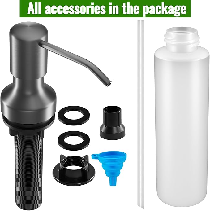 Soap Dispenser for Kitchen Sink, Kitchen Sink Soap Dispenser with 17 OZ Bottle, Refill from The Top Bar, Longer Threaded Shaft Shank, Wide Pump Head Base (Gray)