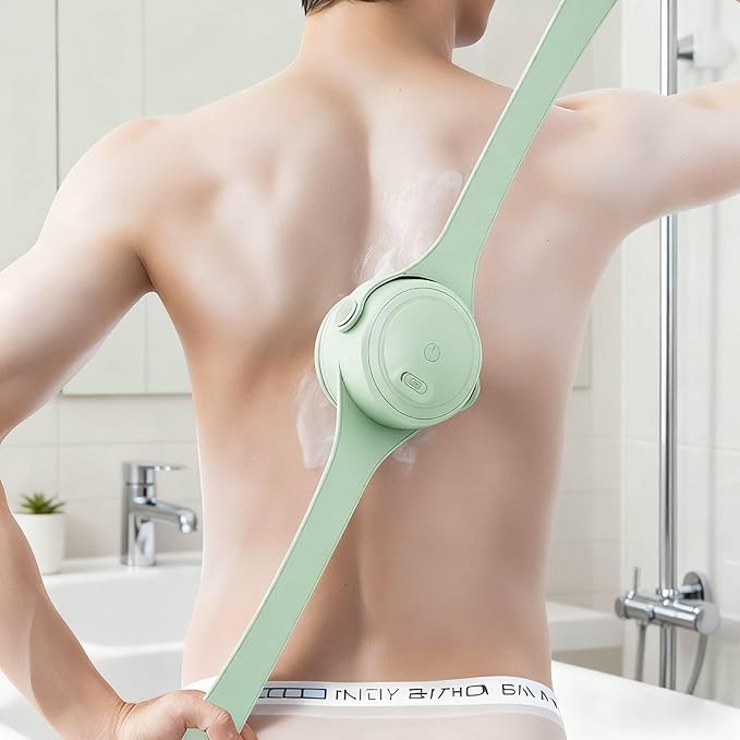 Rechargeable Electric Body & Back Scrubber Brush – Waterproof Spinning Bath Brush with Dual Long Handles & 5 Replaceable Heads for Deep Cleansing, Exfoliating & Massage