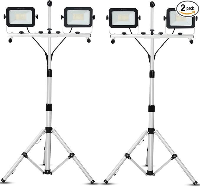 UFOND 10000 Lumen LED Work Light with Stand, Dual Head Work Light, Waterproof Lamp with Individual Switch, Adjustable Metal Telescoping Tripod with Power Cord （2 Pack）