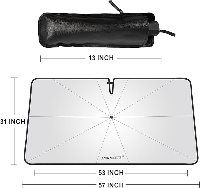 [2025 Upgrade] Car Windshield Sun Shade Umbrella - [10 Fiberglass Ribs][360° Bendable][100% Sun Block] [240T Thickened Titanium Silver ] Ice-Shield Protect Car from Sun Rays Heat Damage 57" x 31"