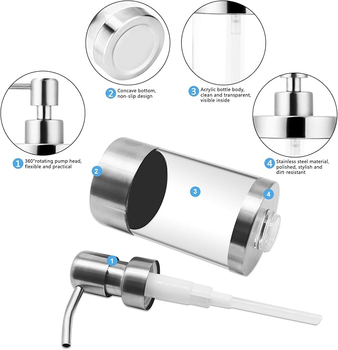 Dish Soap Dispenser Stainless Steel Case Acrylic Liner Hand Pump Dispenser Shatterproof and Leakproof Refillable Liquid Hand Soap Dispenser for Bathroom & Kitchen (10OZ/300ML)