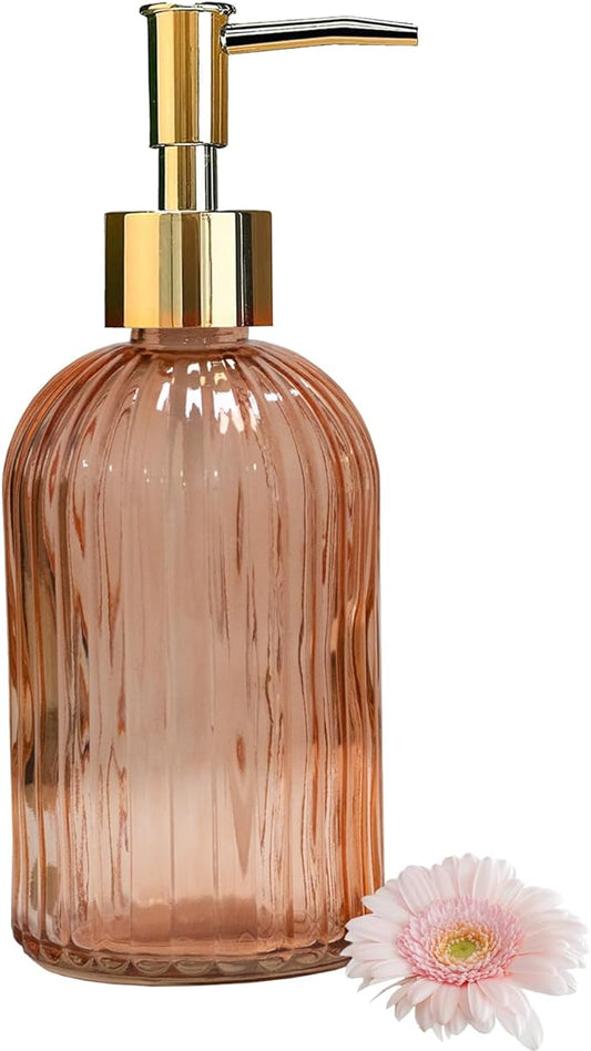Glass Soap Dispenser with Gold Plastic Pump, 13.5oz Refillable Liquid Hand Soap Dispenser, Crystal Lotion Bottle for Modern Home Decor, Bathroom, Kitchen Countertop, Hotel(Orange)