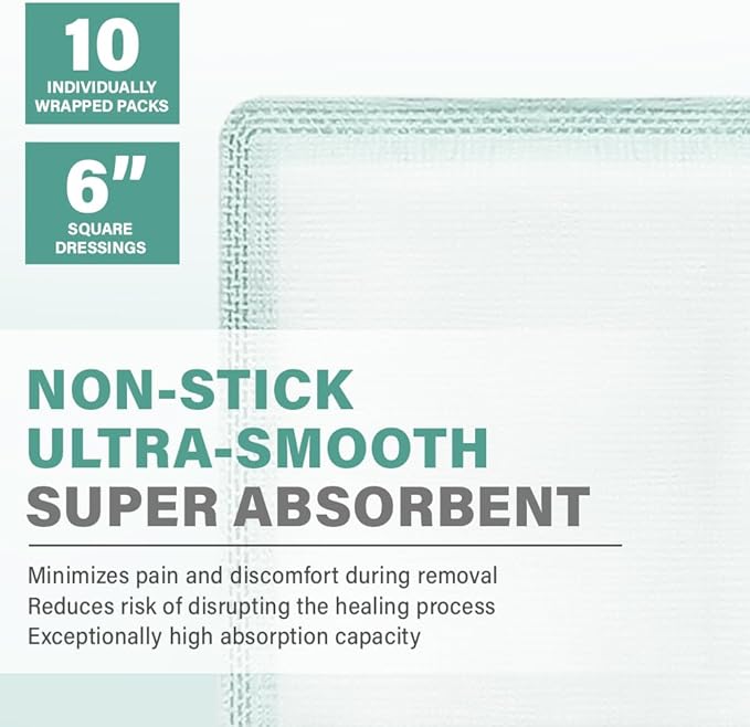 EquiFlow Super Absorbent Dressing for Heavily Exuding Wound | Fast-Absorbing Non-Adhesive Polymer Dressing with Nonstick Gauze Pad | High Absorption & Retention | Pack of 10 (6" x 6")