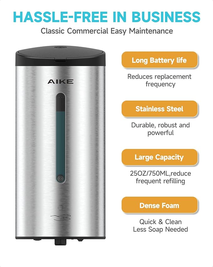 AIKE Wall Mount Automatic Foam Soap Dispenser 25 OZ Commercial Large Capacity Stainless Steel Model AK1205FA(Brushed)