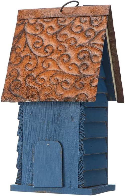 Glitzhome 12" H Retro Blue Distressed Solid Wood Cottage Birdhouse Hanging Bird House for Outdoors