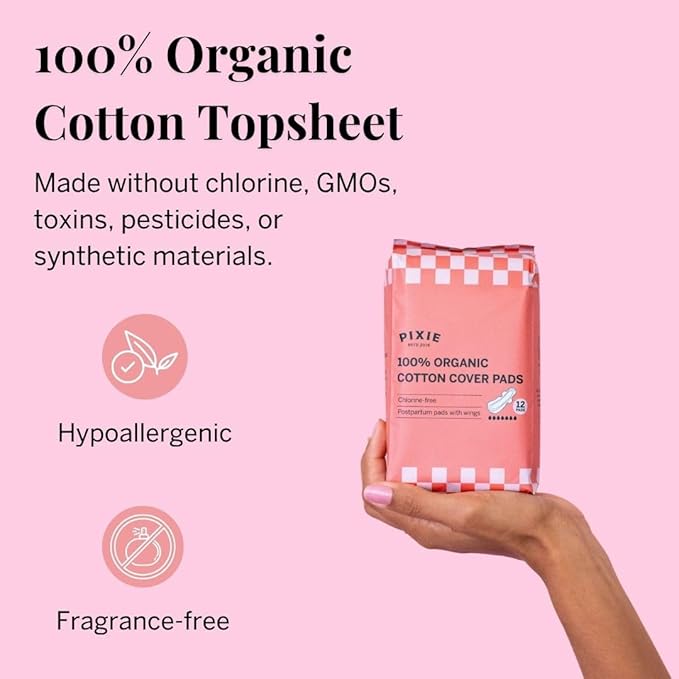 Pixie Organic Cotton Postpartum Pads for Women - Extra Heavy Absorbency with Wings - Leak-Proof, Hypoallergenic & Unscented - Compostable, Biodegradable - 12 Count