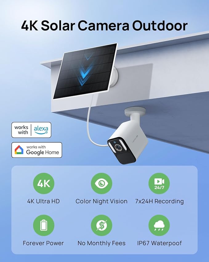 Anona Aurora 4K Solar Security Cameras Wireless Outdoor, Forever Power with Solar Panel, 8MP Color Night Vision, 24/7 AOV Recording, No Monthly Fees, AI Detection, Easy Setup, 2.4 G WiFi, IP67, 2 Pack