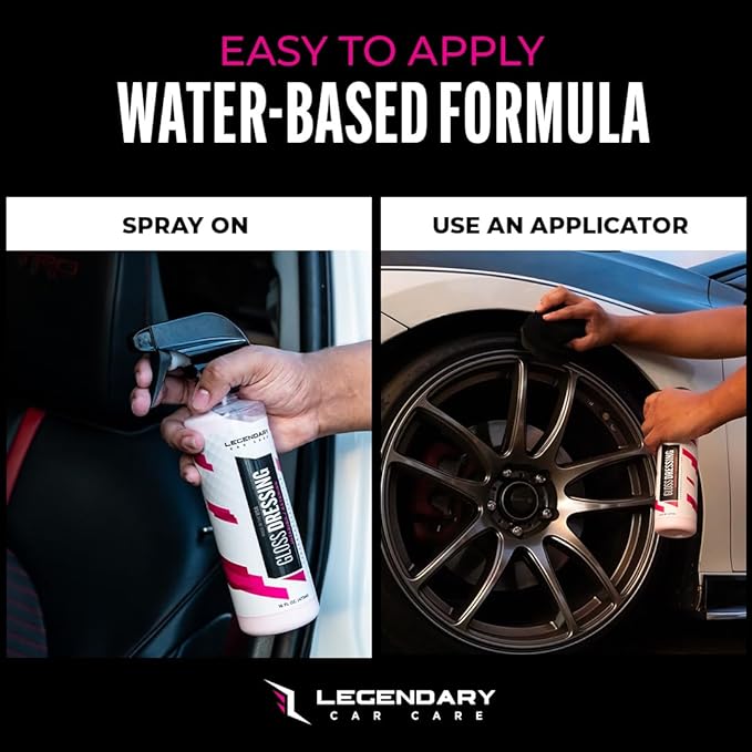 Legendary Gloss Dressing 16oz - Tire Shine Spray & Plastic Restorer - Water Based & Non-Greasy Interior/Exterior Detailing Spray - Trim, Rubber, Vinyl & Plastic Restorer for Cars (2Pack)