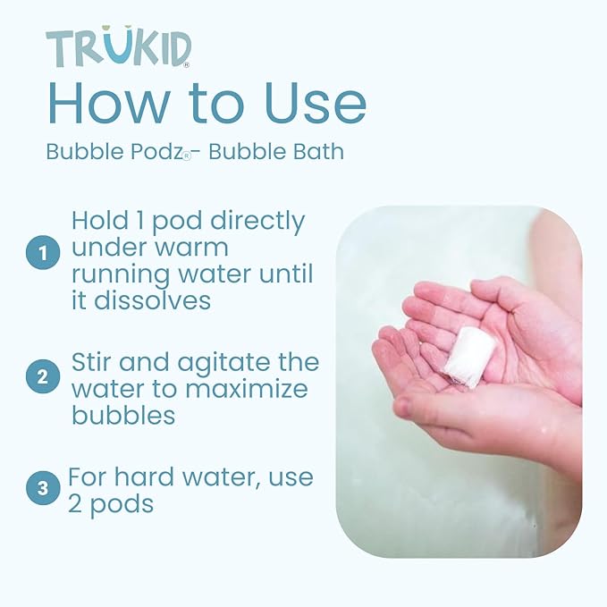 TruKid Bubble Podz Bubble Bath for Kids, Toddlers, & Babies, Tear Free Gentle & Refreshing Bath Bomb for Sensitive Skin with Natural Moisturizers, Non-Toxic, pH Balanced, Bubble Gum Scent (60 Podz)