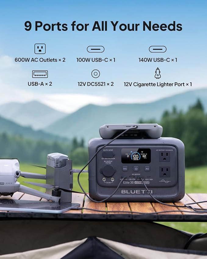 BLUETTI Elite 30 V2 Portable Power Station, 288Wh Solar Generator, 600W AC Outlets (Power Lifting 1500W), Fast Charging LiFePO4 Battery Backup for Camping, Road Trip, Outage (Solar Panel Optional)