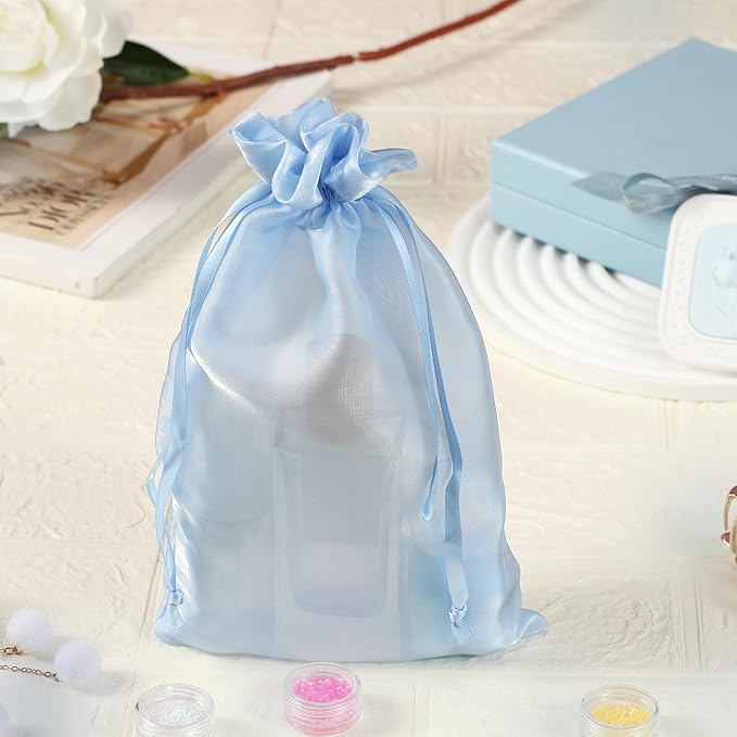 QIANF 20 Pcs Blue Small Organza Bags 6X9 inch for Wedding Favors with Drawstring, Mini Mesh Gift Bags Jewelry Pouch for Candy Bridal Shower Party Favor Baby Shower Christmas