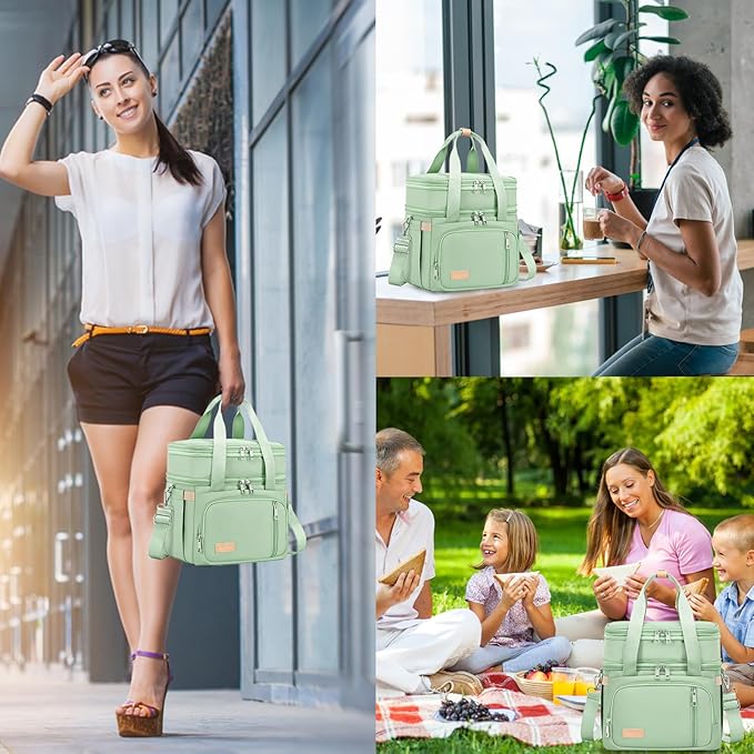 Lunch Box for Men Women - Double Deck Insulated Lunch Bag, Large Leak Proof Tote Cooler, Wide Open Dual Compartment Lunch Bags with Shoulder Strap, For Work Picnic Hiking Beach, Green
