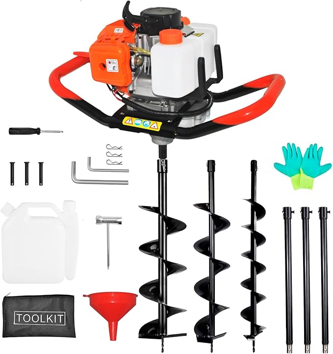 Post Hole Digger, 62CC 2 Stroke Auger Post Hole Digger, Gas Powered Earth Digger 3 Auger Drill Bits(3"& 6"& 8'') and 3 Extension Rods for Farm Garden Plant