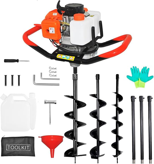 Post Hole Digger, 62CC 2 Stroke Auger Post Hole Digger, Gas Powered Earth Digger 3 Auger Drill Bits(3"& 6"& 8'') and 3 Extension Rods for Farm Garden Plant