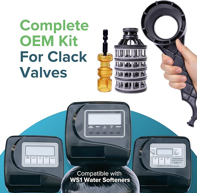Complete GENUINE OEM Clack WS1 Water Softener Interior Rebuild Kit with Wrench - Parts Bundle Including Service Wrench, Spacer Stack, Downflow & Regenerant Pistons. Full Service Repair Kit