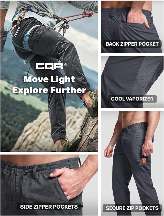 CQR Men's Lightweight Vent Hiking Pants, Water-Resistant & Breathable Sports Outdoor Athletic Pants with Elastic Waist