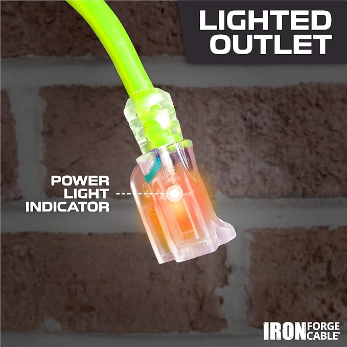 Iron Forge Cable 10 Gauge Extension Cord 25 ft, 10/3 Heavy Duty Extension Cord 25 Foot 3 Prong Lighted End, SJTW Weatherproof Light Green Outdoor Power Cable for Major Appliances - US Veteran Owned