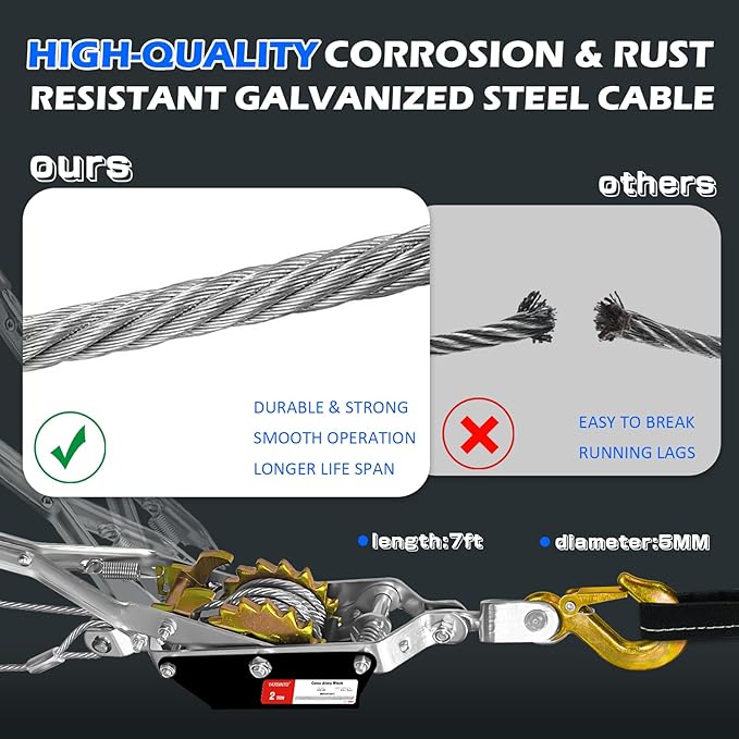 Come Along Winch 2-Ton with Two 1" x8FT Lifting Sling Heavy Duty Power Cable Come Along Tool with Dual Gears 7 Ft 2 Hooks Cable Winch Puller for Recovery Gear