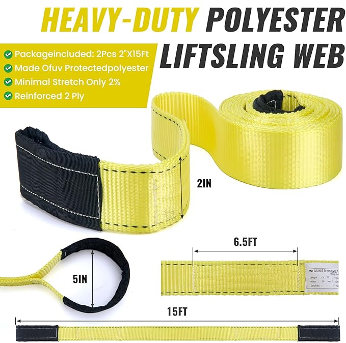 Lift Sling Straps, 15' x 2" Heavy Duty Nylon Webbing Slings, 22500 lbs Capacity, Flat Eye Design, Tree Saver Recovery Strap, Winch Sling for Hoisting, Rigging, Towing, 2-Pack