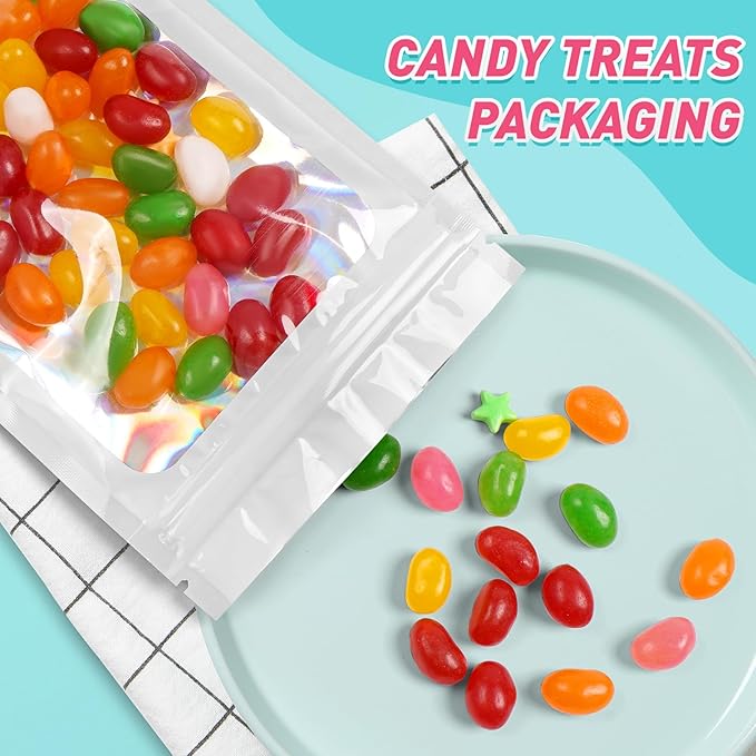 Funfery 300 Pack Smell Proof Resealable Bags for Food Storage,Holographic Bags 4x6 White Mylar Clear Packaging Bag- Scent Proof for Cookies, Zip Foil Pouch for Small Business