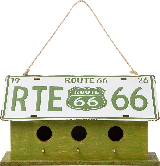 Glitzhome 14”L Wood Hanging Birdhouse for Outdoors, Licence Plate Route 66 Welcome Painted Bird House, Rustic Bird House for Bluebird Wren Sparrow, Bird Nest Box for Garden Patio, Washed Green