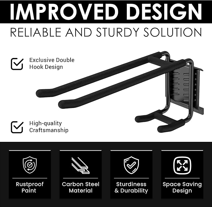 FELLER 9-Piece Garage Slatwall Hook Kit – 6 Double Utility Hooks + 3 Mounting Plates (16" O.C., 50" Total Width) – Extra Heavy Duty Slat Wall Hanger Holder Set for Tools