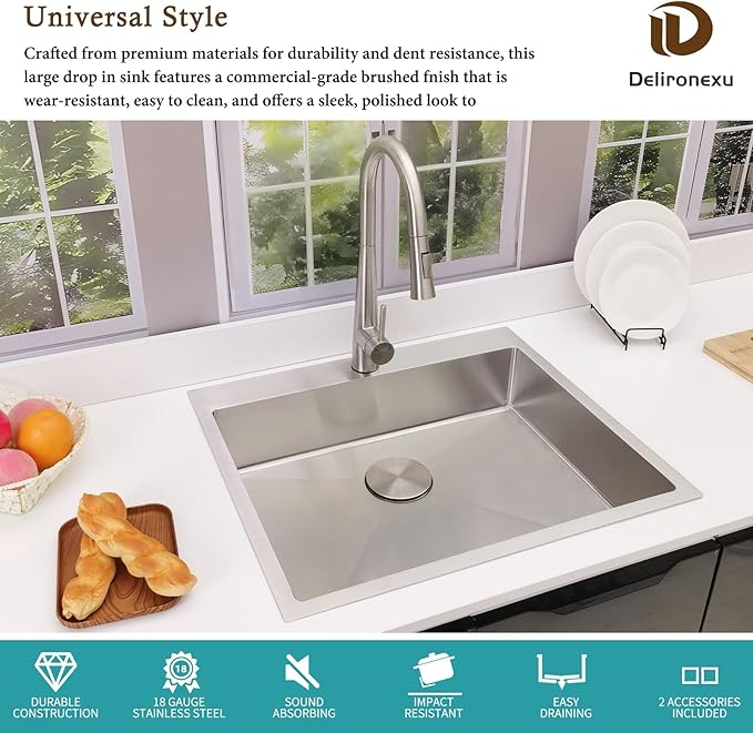 25x22 Drop In Kitchen Sink – Delironexu 18 Gauge Stainless Steel Kitchen Sink, 25 Inch Top Mount kitchen sink with Brushed Finish, 6 Inch Deep Single Bowl Sinks for RV, Prep, and Outdoor Use