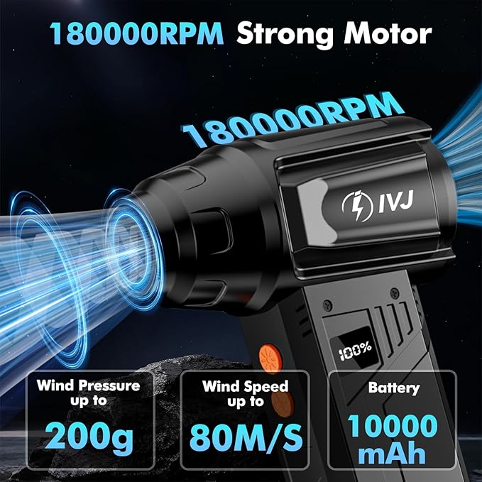 IVJ Compressed Air Duster, 180000RPM Super Power Cordless Electric Air Duster with LED Light Rechargeable 4 Gear Adjustable Mini Air Duster, Dust Blower for Computer, Keyboard, House, Outdoor and Car