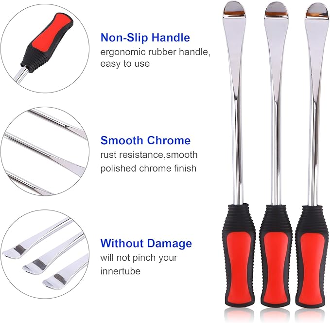 Asooll 11.5" Tire Spoon Dirt Bike Tire Changing Spoons Tool Lever Steel Spoons Kit for Motorcycle ATV Lawn Mower | with 1 Portable Bag + 3 Tire Spoons+ 6 Rim Protectors + 6 Valve Cores + 1 Valve