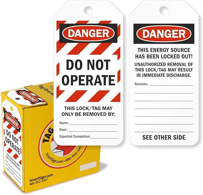 SmartSign Pack of 100 “Danger - Do Not Operate” 2-Sided Lock Out Safety Tags in Dispenser Box | 3" x 6.25" Plastic, Red White Stripes