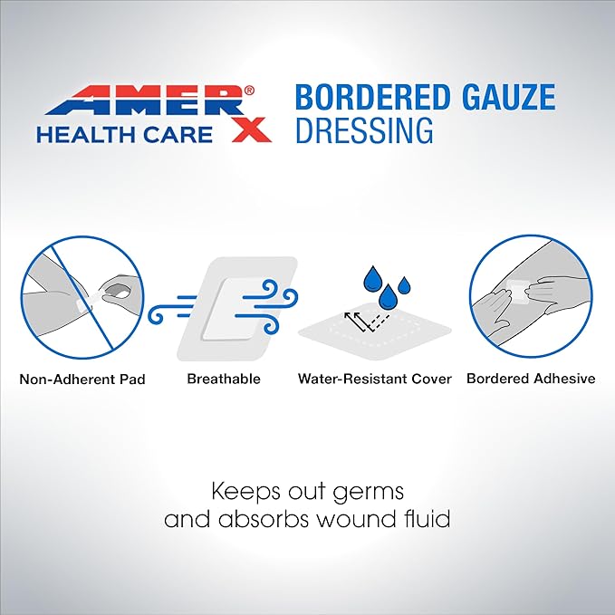 2" x 2" Dressing (1x1 Pad) AMERX Bordered Gauze - Adhesive Bandages - Water Resistant Barrier - Self Adhesive Border - Breathable, Hypoallergenic - 15 Pads Per Box