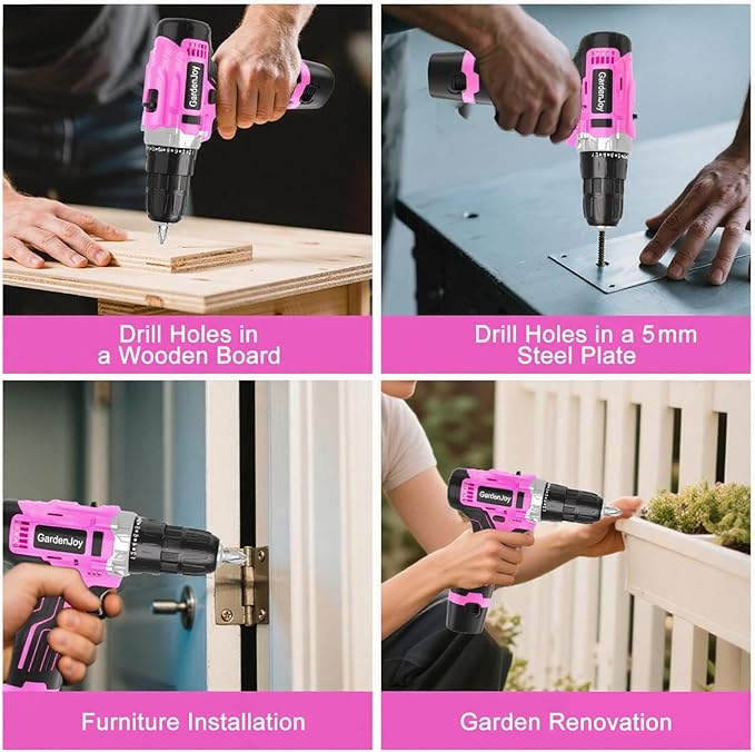 GardenJoy Cordless Power Drill Set: 12V Electric Drill with Battery and Charger, 65pcs Acessories, 3/8"Keyless Chuck, 2 Variable Speed, 24+1 Position, Compact Drill Driver Kit for Home & DIY Project