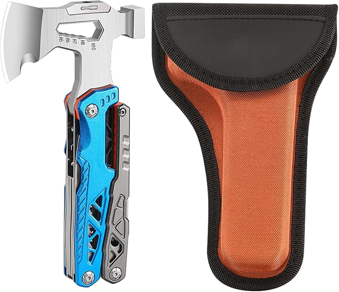 20-in-1 Camping Multitool, Survival MultiTool with Pilers,Axe, Adjustable Wrench, Hammer, Screwdriver, Pouch, Outdoor Hiking Multi Tool Carbon Steel Compact Hatchet Gifts for Men Dad Him