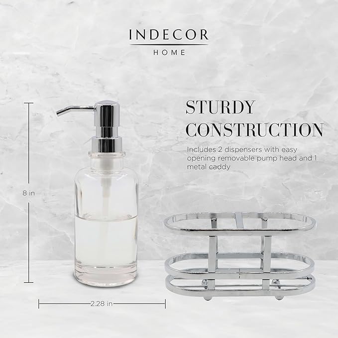 3 Piece Round Heavy Weight Glass Soap Lotion Pump Dispenser Set with Metal Caddy for Home Bath Kitchen Travel Office Hand Crafted Metal Tray Chrome