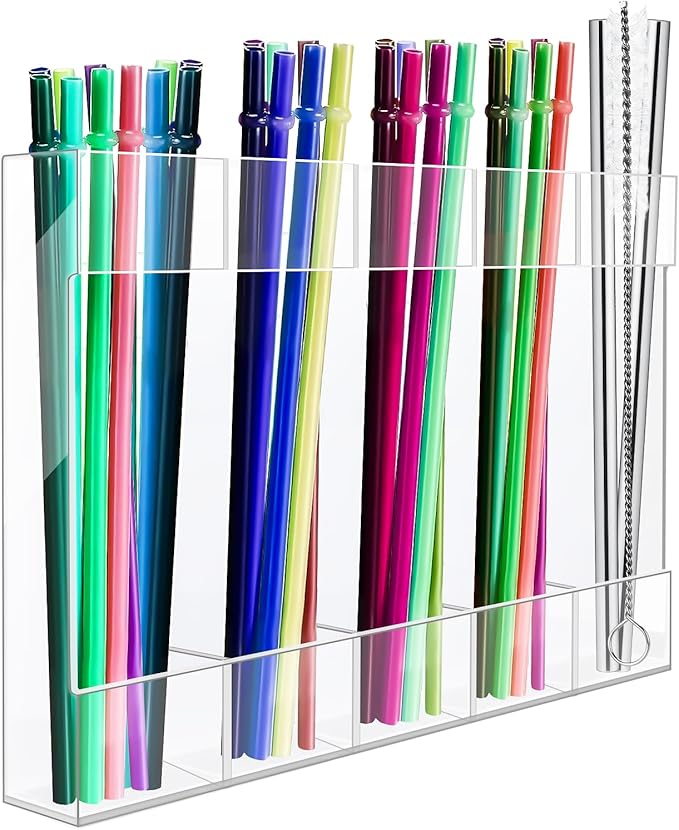 Straw Holder Acrylic for Cabinet Reusable Organizer Dispenser 5-Grid Straw Rack Comes with 8 Double-Sided Tapes and 15 Classification Label Stickers (Transparent)
