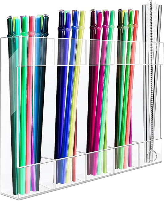 Straw Holder Acrylic for Cabinet Reusable Organizer Dispenser 5-Grid Straw Rack Comes with 8 Double-Sided Tapes and 15 Classification Label Stickers (Transparent)